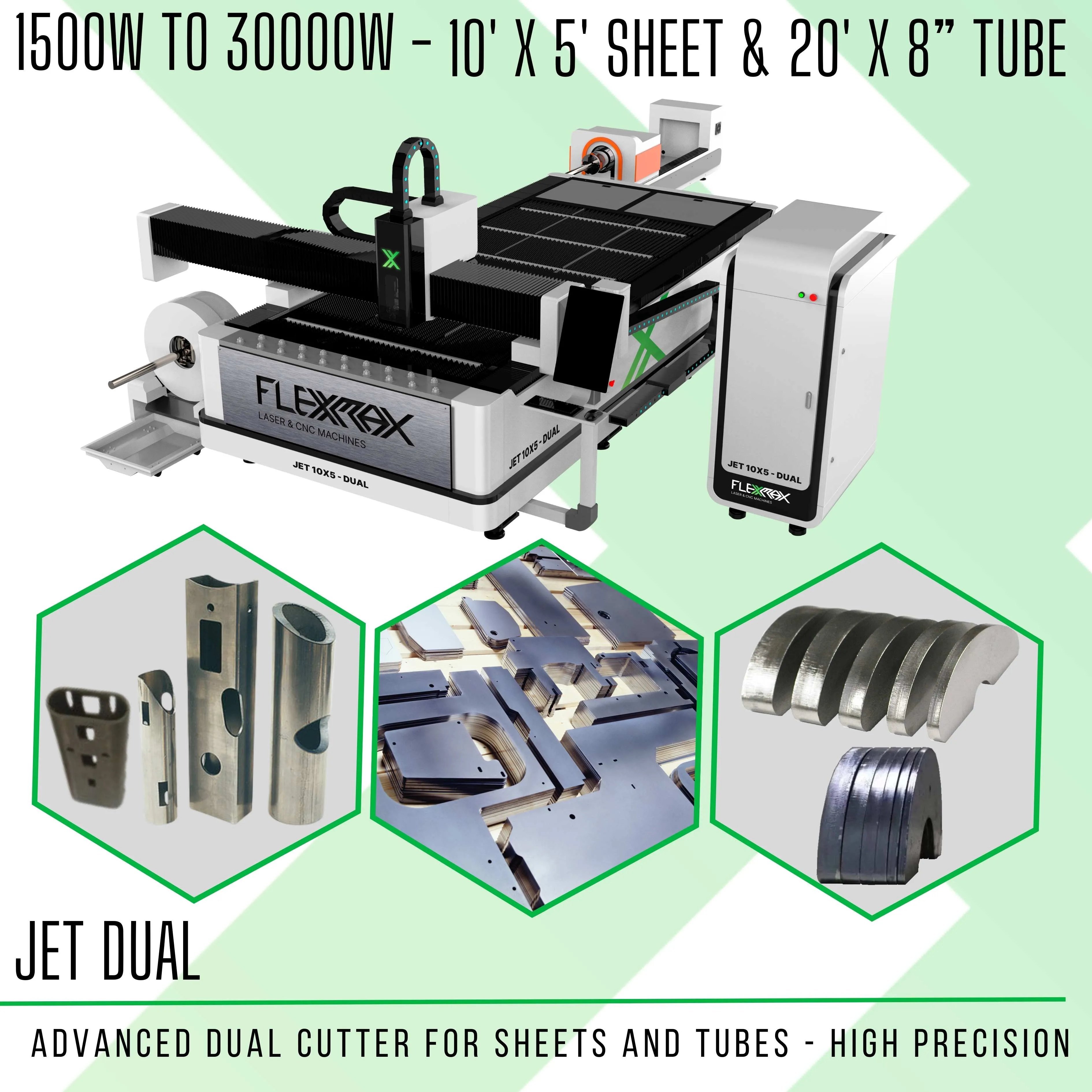 1500W to 3000W FlexMax Fiber Laser Metal Cutter JET DUAL Series for 10x5' sheets and 20' tubes cutting area