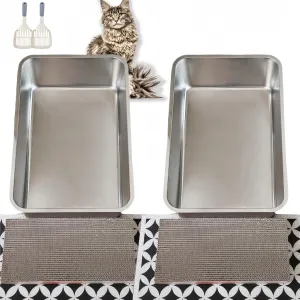2 pack Stainless Steel Cat Litter Box with High Sides - Metal Cat Pan, Large Indoor Litter Tray, Never Absorbs Odor, Pet Toilet Supplies Smooth Surface for Kitten, Kitty, Rabbit 19.7"x13.8"x6"