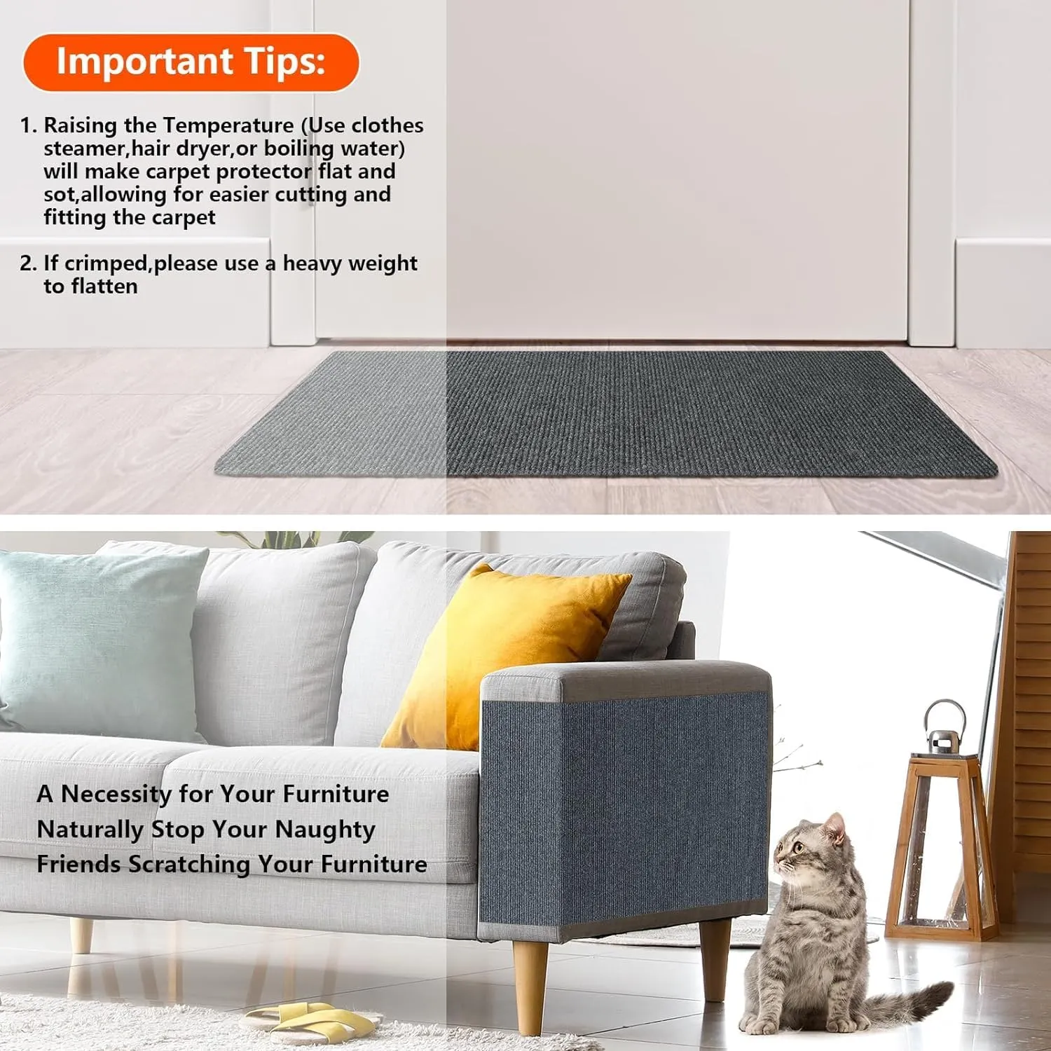 79 * 15.8IN Cat Scratch Pads Mat Carpet Protector,Easy-Cut Highly Viscous Pets Scratch Carpet for Floor Doorway Porch,DIY Floor Mat Prevent Carpets from Scratching or Wearing,6.56ft Cat Pad(Grey)