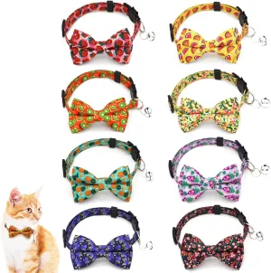 8 Pack Polyester Cat Collars with Bowie Bow, Breakaway Kitten Collars with Removable Bell, Adjustable Cat Collars for Girls Boys Cats, Fruit Pattern (9-12 inches)