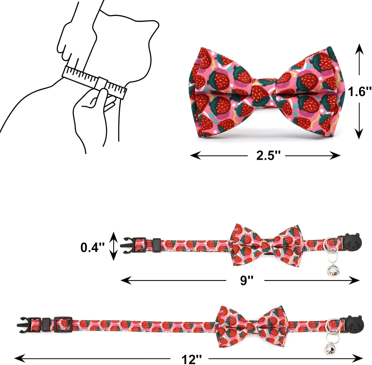 8 Pack Polyester Cat Collars with Bowie Bow, Breakaway Kitten Collars with Removable Bell, Adjustable Cat Collars for Girls Boys Cats, Fruit Pattern (9-12 inches)
