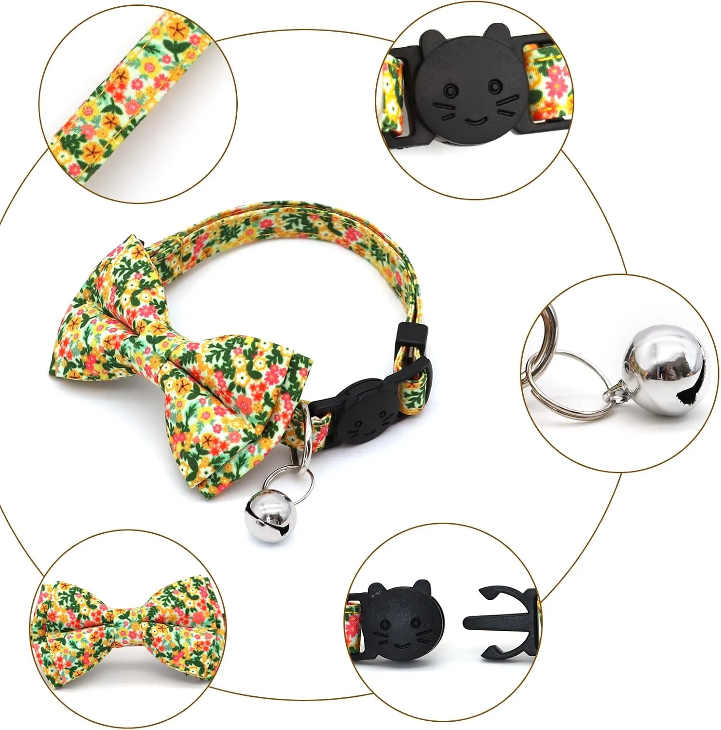 8 Pack Polyester Cat Collars with Bowie Bow, Breakaway Kitten Collars with Removable Bell, Adjustable Cat Collars for Girls Boys Cats, Fruit Pattern (9-12 inches)