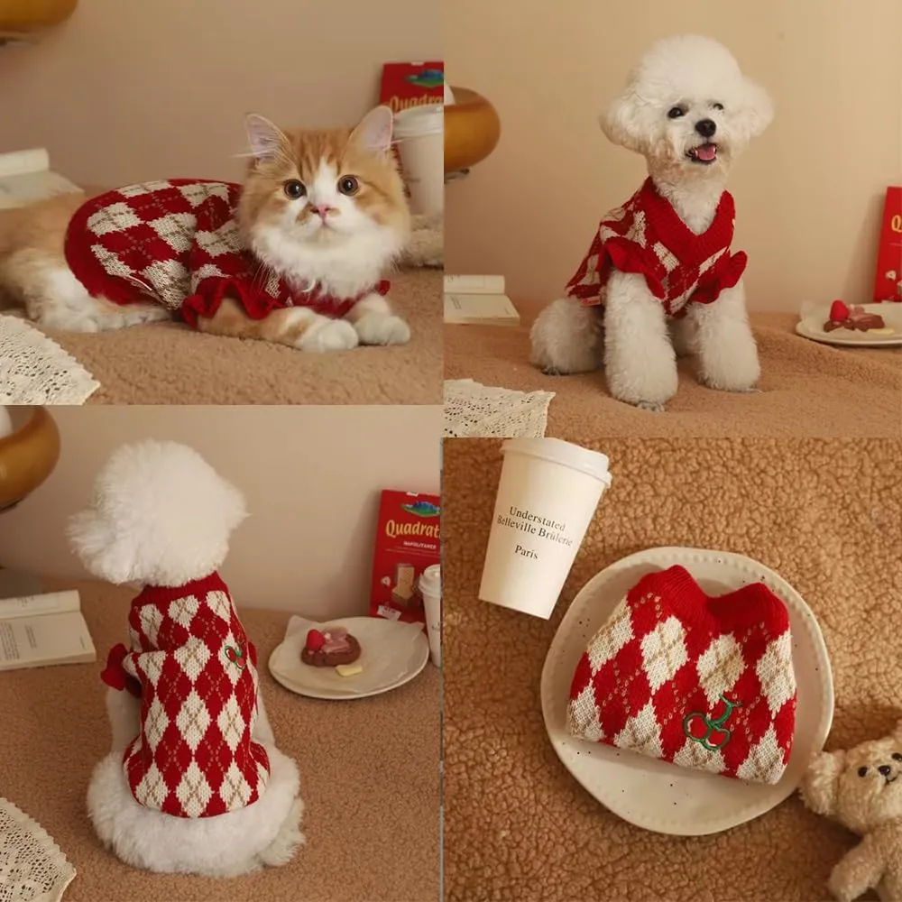 ANIAC Diamond Puppy Sweater for Small Dog Girl Strawberry Turtleneck Cat Knitwear Winter Pet Clothes for Kitten Chihuahua Yorkie(Large, Red)