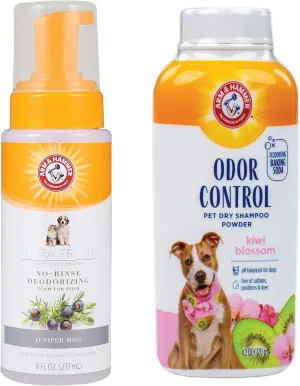 Arm & Hammer Ultra Fresh Dog Deodorizing Foam, 8 Fl Oz & Odor Control Dry Shampoo Powder, 4.2 Oz  Waterless Dog Shampoo Bundle for Smelly Dogs, Juniper Mist & Kiwi Blossom Scents