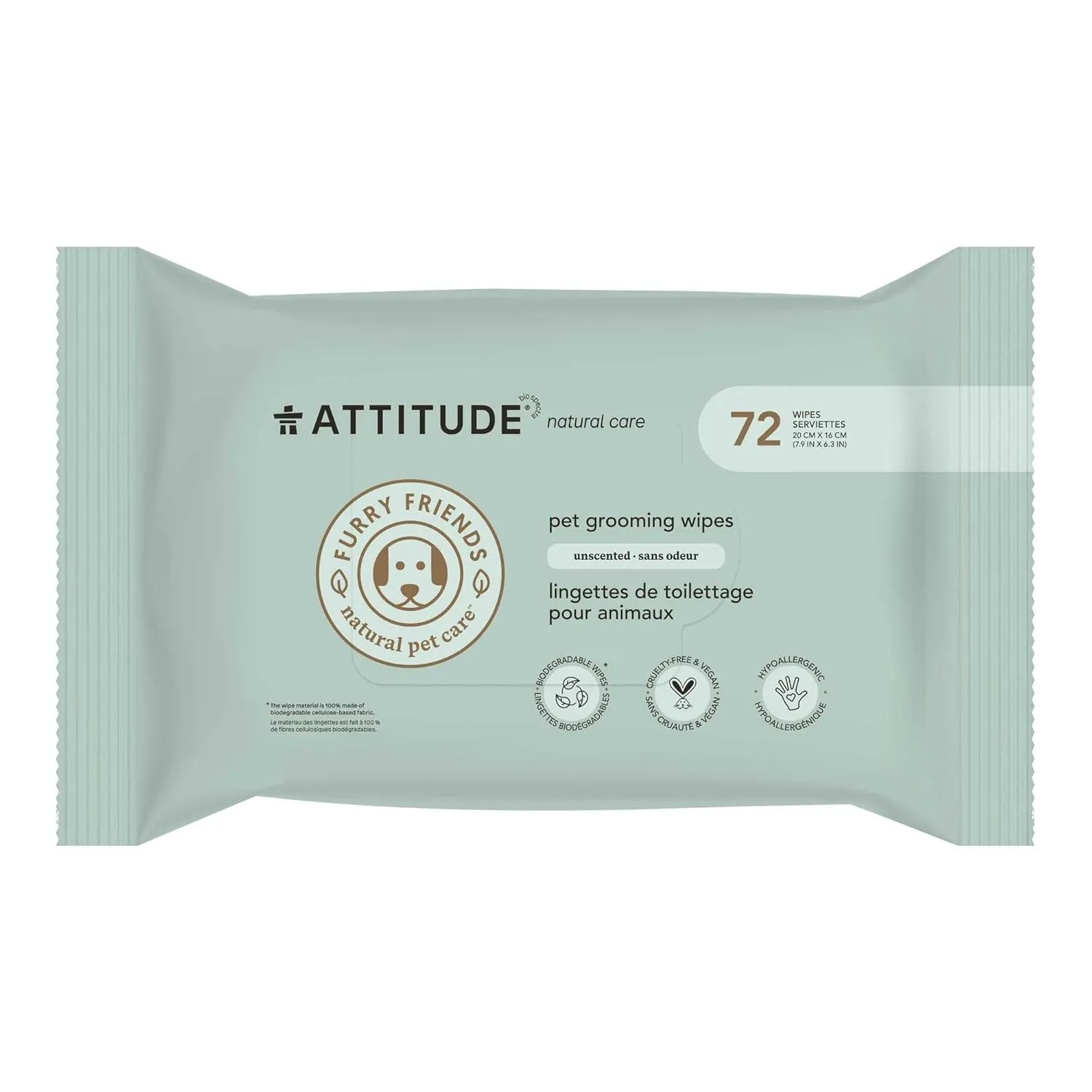 ATTITUDE Pet Grooming Wipes, Plant and Mineral-Based Ingredients, Vegan and Cruelty-Free Biodegradable Products, Unscented, 72 count
