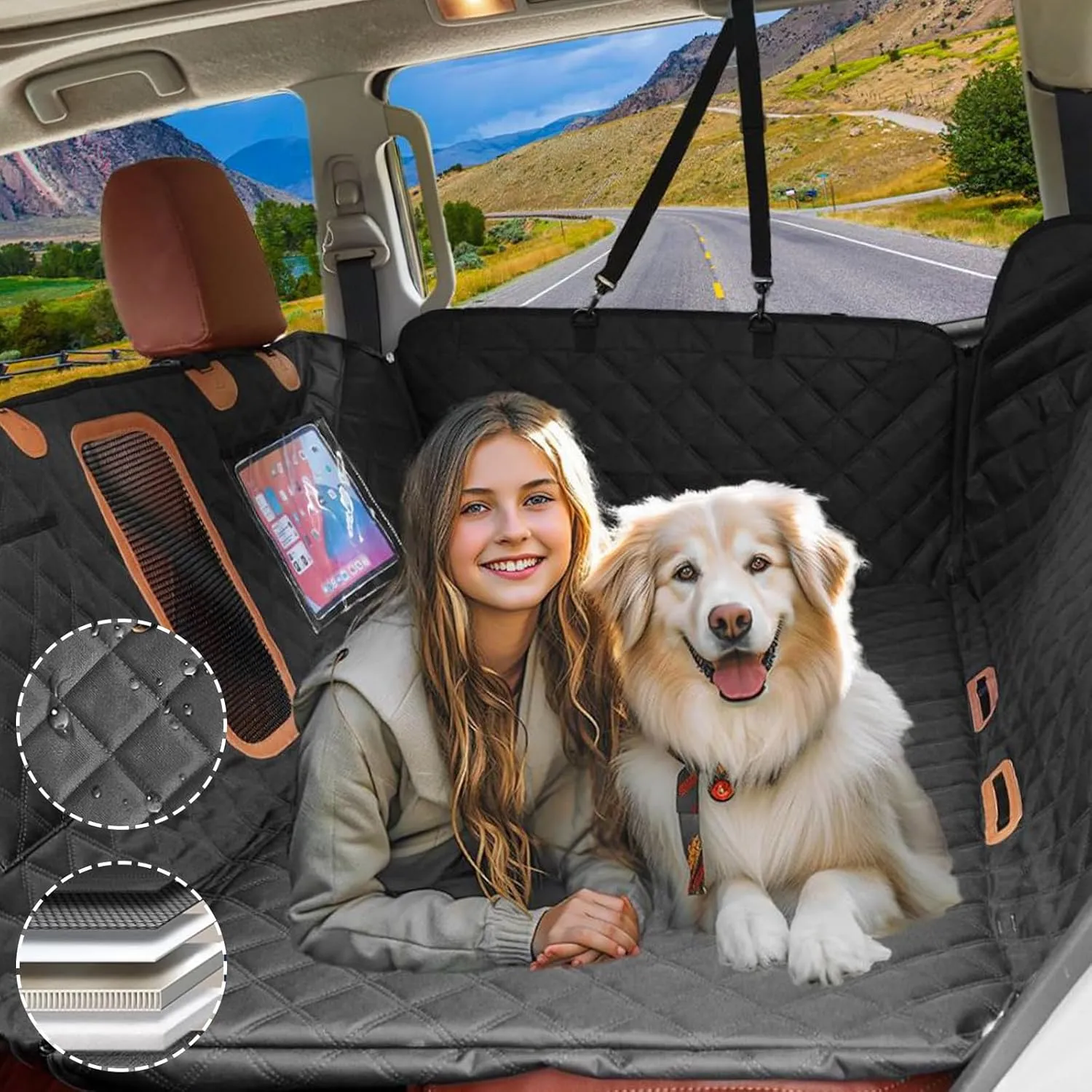 Back Seat Extender for Dogs, Waterproof Dog Car Seat Cover with Hard Bottom, Upgraded Large Anti-Scratch & Non-tearable 1680D Oxford Fabric, Dog Hammock with Mesh Window Pocket for Car&SUV(Black)