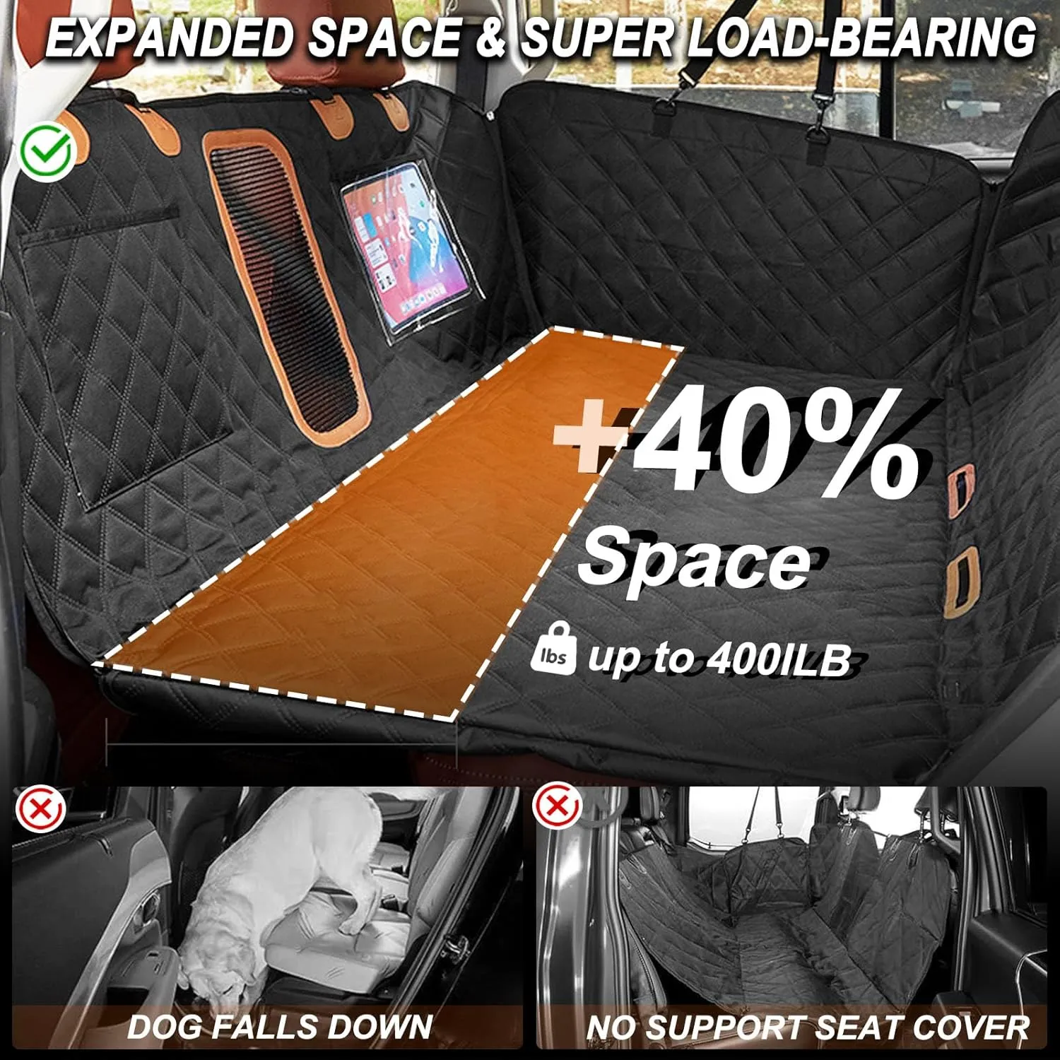 Back Seat Extender for Dogs, Waterproof Dog Car Seat Cover with Hard Bottom, Upgraded Large Anti-Scratch & Non-tearable 1680D Oxford Fabric, Dog Hammock with Mesh Window Pocket for Car&SUV(Black)