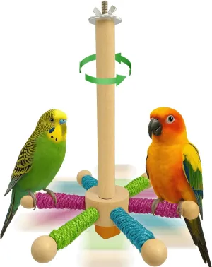Bird Perch Toy, Parrot 360 Rotating Stand Perch, Wooden Interactive Wheel Parakeet Toy Bird Cage Accessories for Small and Medium Lovebirds Conures Finches Budgies-Green