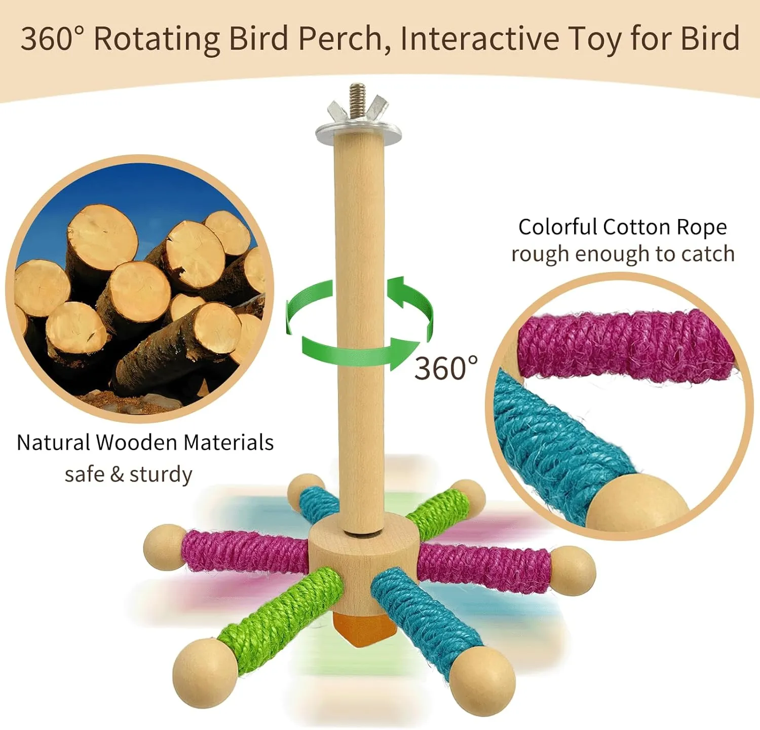 Bird Perch Toy, Parrot 360 Rotating Stand Perch, Wooden Interactive Wheel Parakeet Toy Bird Cage Accessories for Small and Medium Lovebirds Conures Finches Budgies-Green
