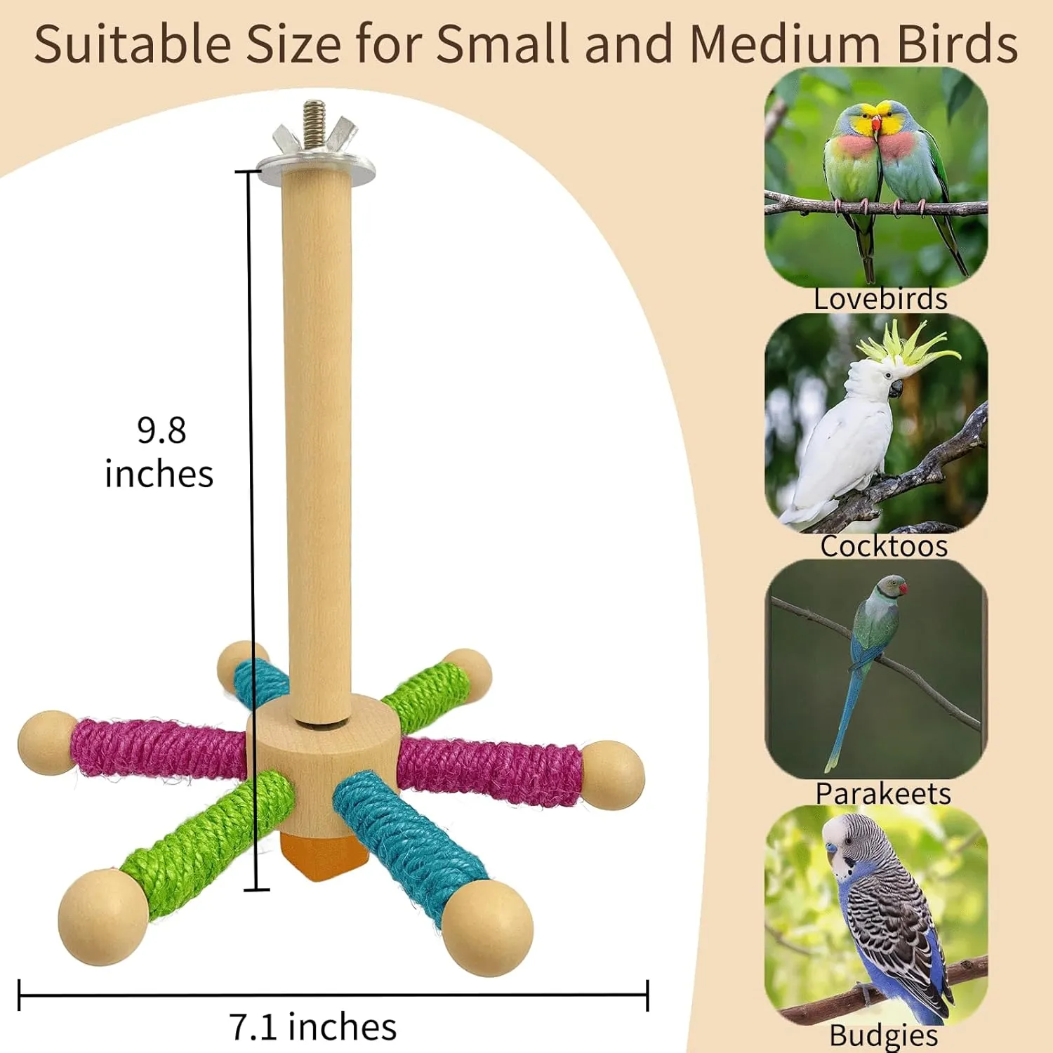 Bird Perch Toy, Parrot 360 Rotating Stand Perch, Wooden Interactive Wheel Parakeet Toy Bird Cage Accessories for Small and Medium Lovebirds Conures Finches Budgies-Green