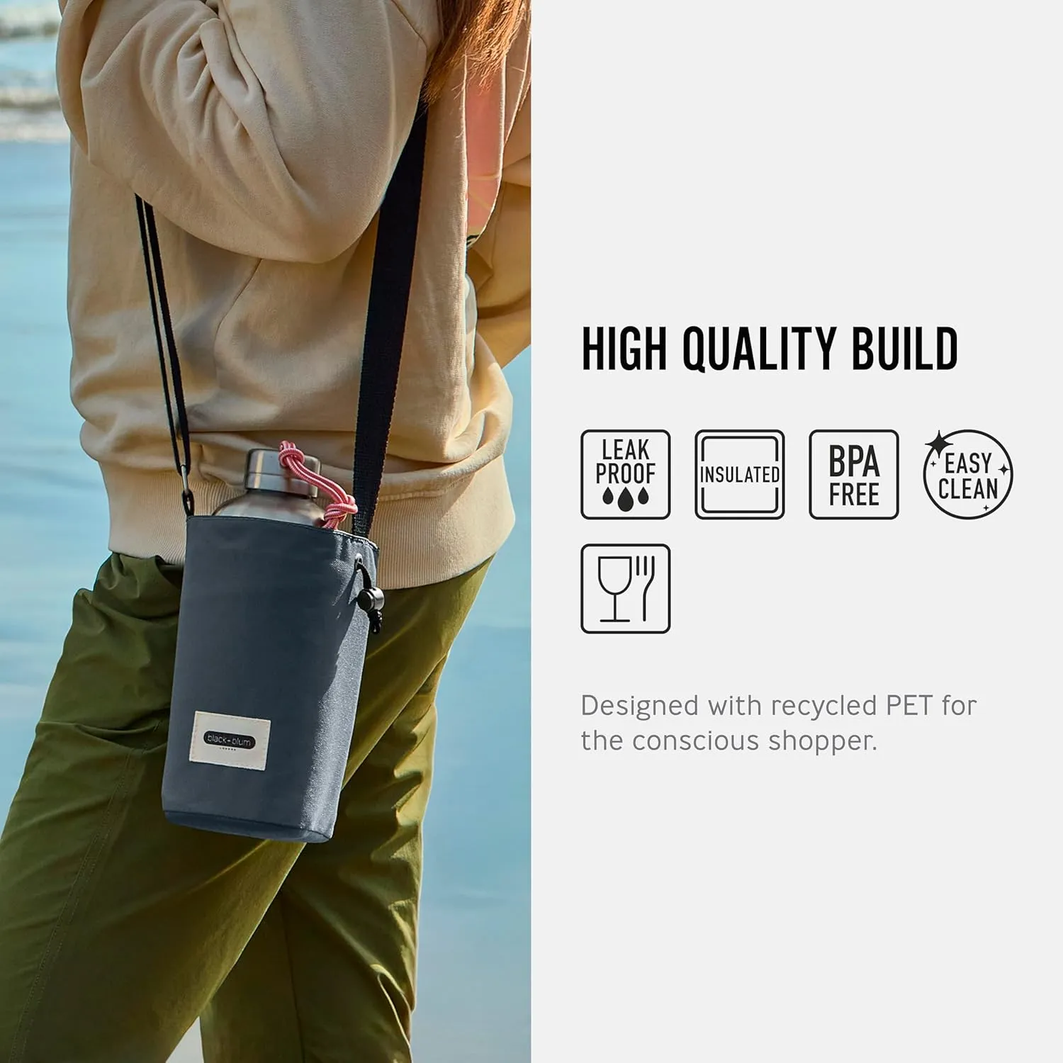 BLACK   BLUM Insulated Bottle Bag - Made with Recycled PET and BPA Free - Bottle Bag for On The Go, Slate