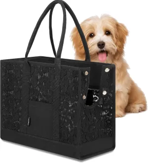 Black Dog Carrier Purse Lace Pet Dog Cat Carrier Tote Bags Fits Small Medium Dogs Puppy for Travel Hiking Walking with Lace Anti-Grab Net & PP Pad