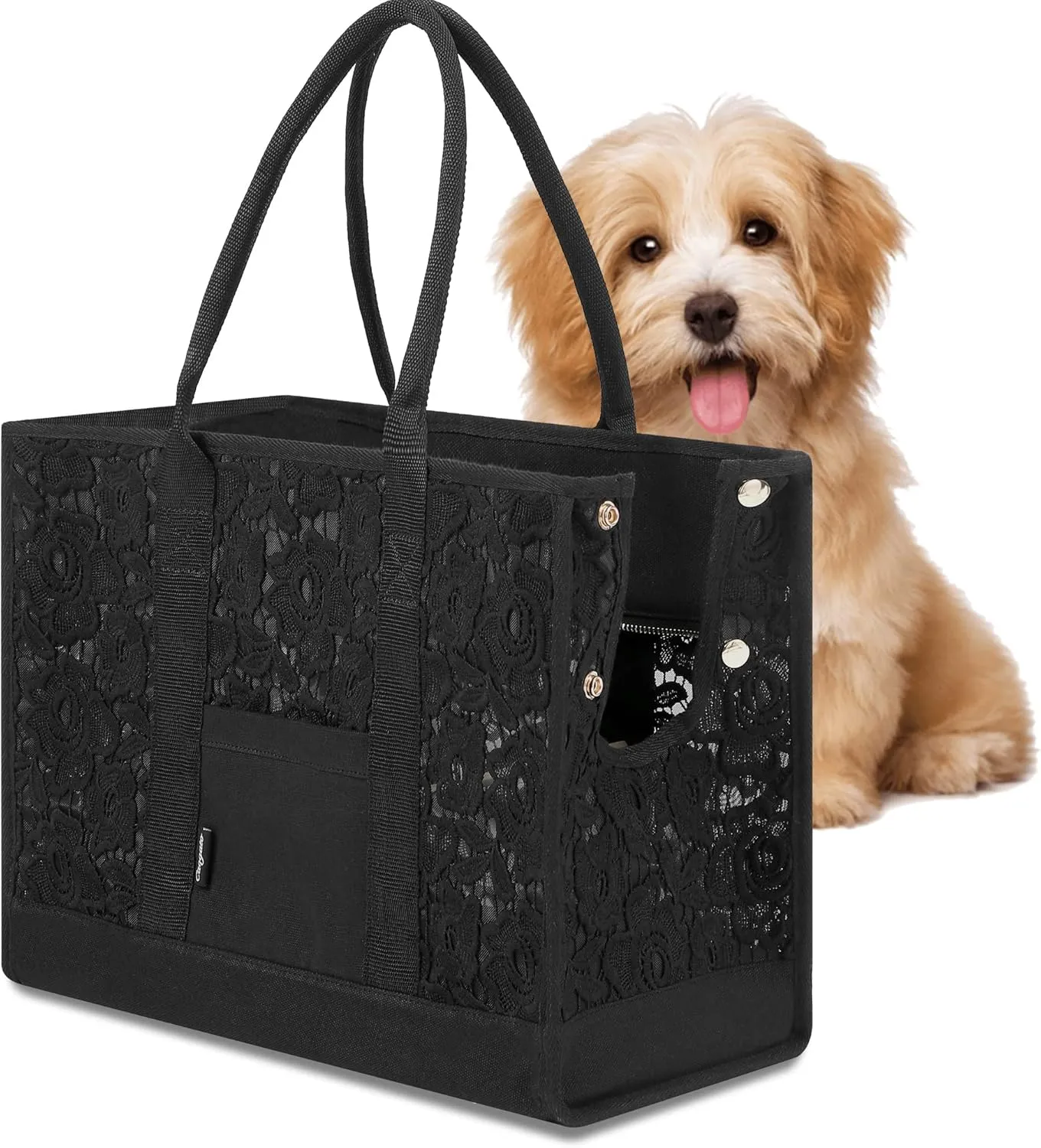 Black Dog Carrier Purse Lace Pet Dog Cat Carrier Tote Bags Fits Small Medium Dogs Puppy for Travel Hiking Walking with Lace Anti-Grab Net & PP Pad