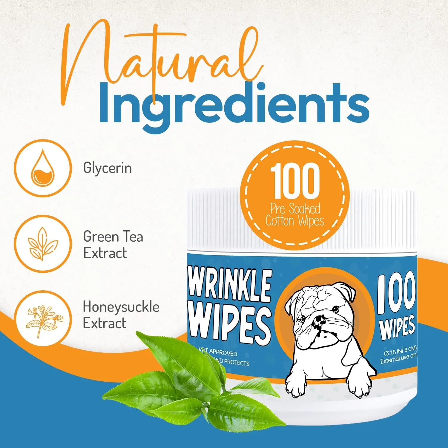 Bulldog Wrinkle Wipes for Dogs  Deodorizing & Soothing with Honeysuckle Extract  Non-Irritating, Cleans Wrinkles, Folds, Paws & Tail Pockets  for Bulldogs, Pugs & Frenchies (100 Count)