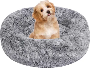 Calming Dog Bed, Fluffy Donut Dog & Cat Bed Washable, Round Anti Anxiety Small Dog Bed with Non-Slip Bottom (Fits up to 5 lbs Pets)