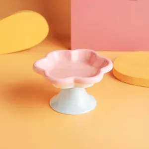 Ceramic Raised Cat Bowl, Flower Shaped Elevated Shallow Pet Feeding Bowl for Dry and Wet Food, Anti Whisker Fatigue and Vomiting for Cat and Puppy, Stress-Free, Prevents Neck Whisker Fatigue (Pink)