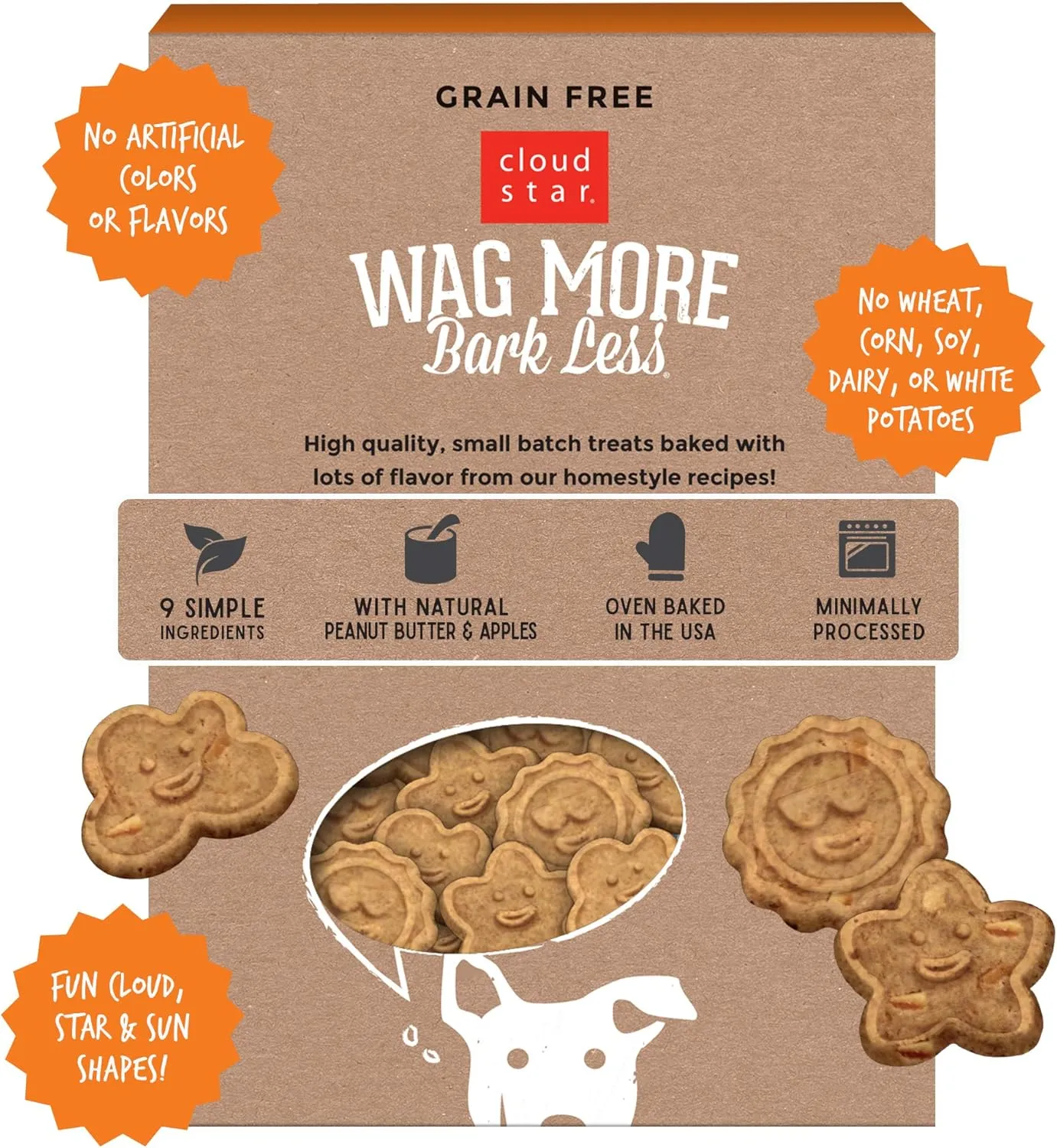 Cloud Star Wag More Bark Less Crunchy Grain Free Dog Treats, Peanut Butter & Apples, 14 oz. Box
