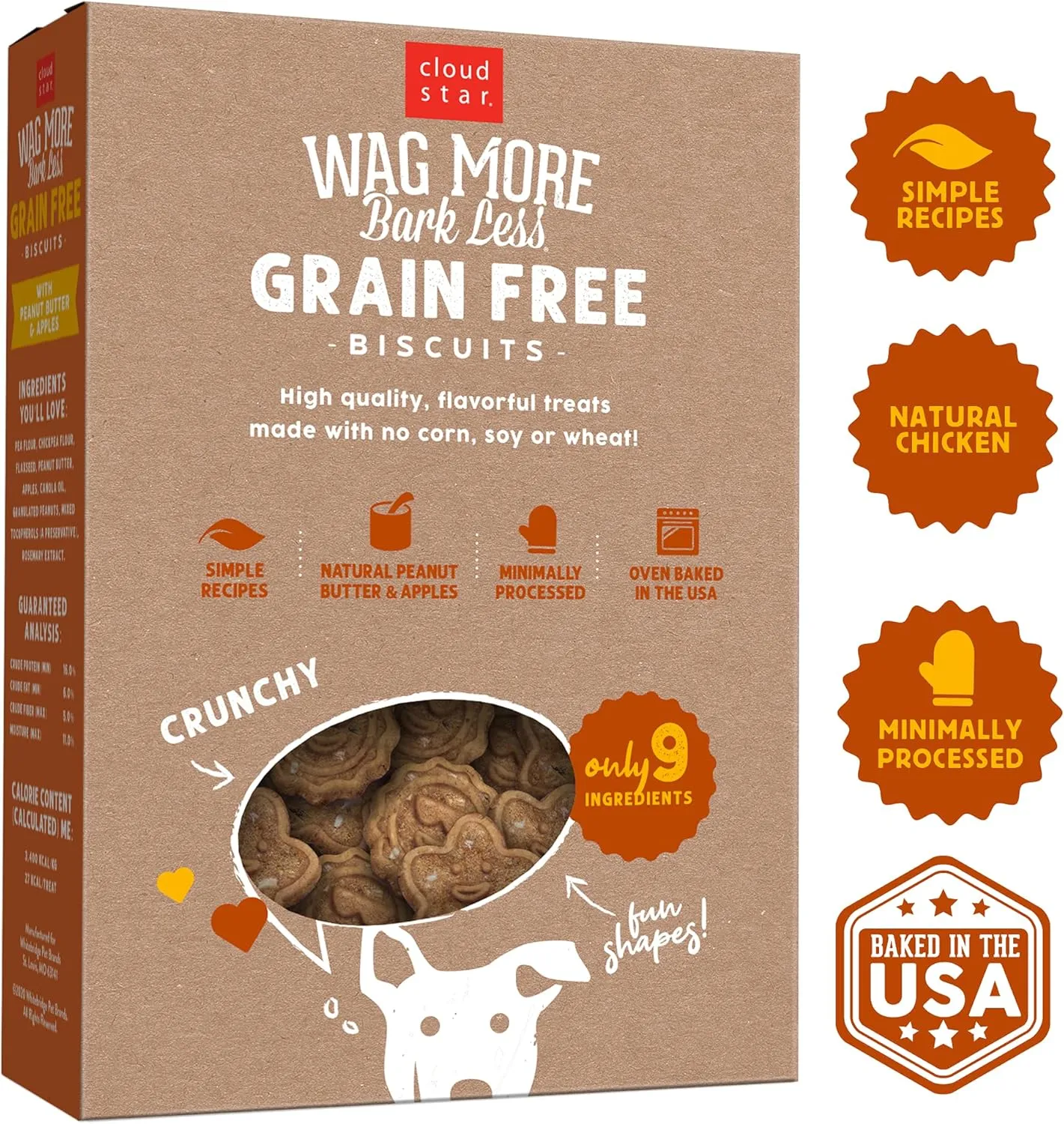 Cloud Star Wag More Bark Less Crunchy Grain Free Dog Treats, Peanut Butter & Apples, 14 oz. Box