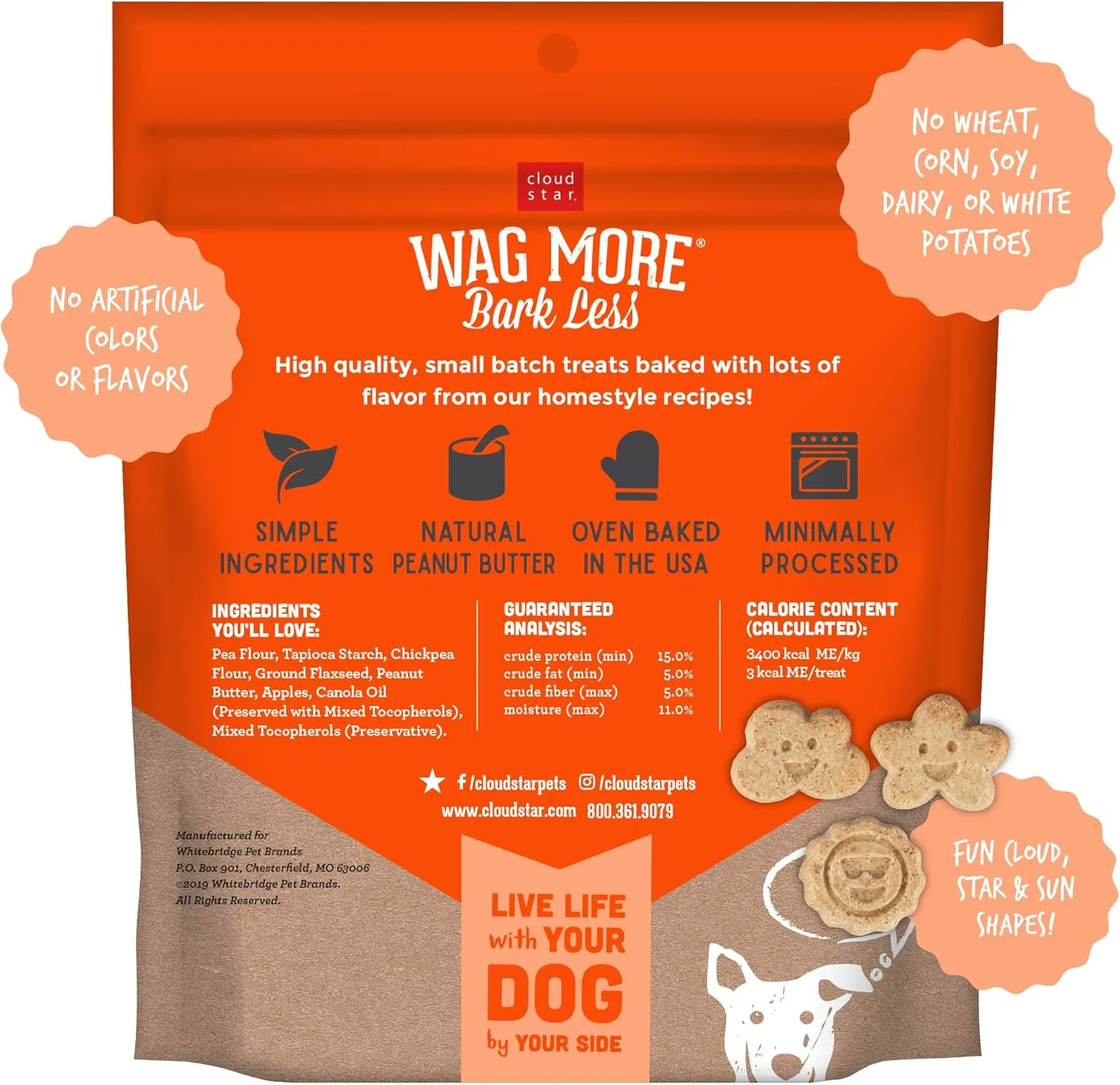 Cloud Star Wag More Bark Less Grain Free Mini Biscuits, Bite Sized Crunchy Dog Treats, 7oz Bag, Peanut Butter & Apples, 7 oz.