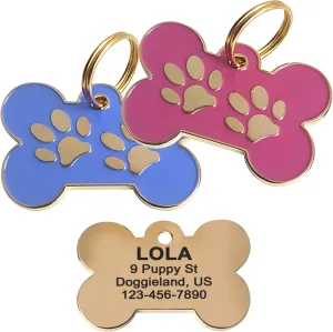 Custom Gold Bone Pet Tag ID, Personalized Stainless Steel Cute Sparkly Shiny Bling Paw Collar Tag Lost Boy & Girl Dogs Puppies Cats with Ring Laser Engraved SOS Customizable with Name, Phone, Address