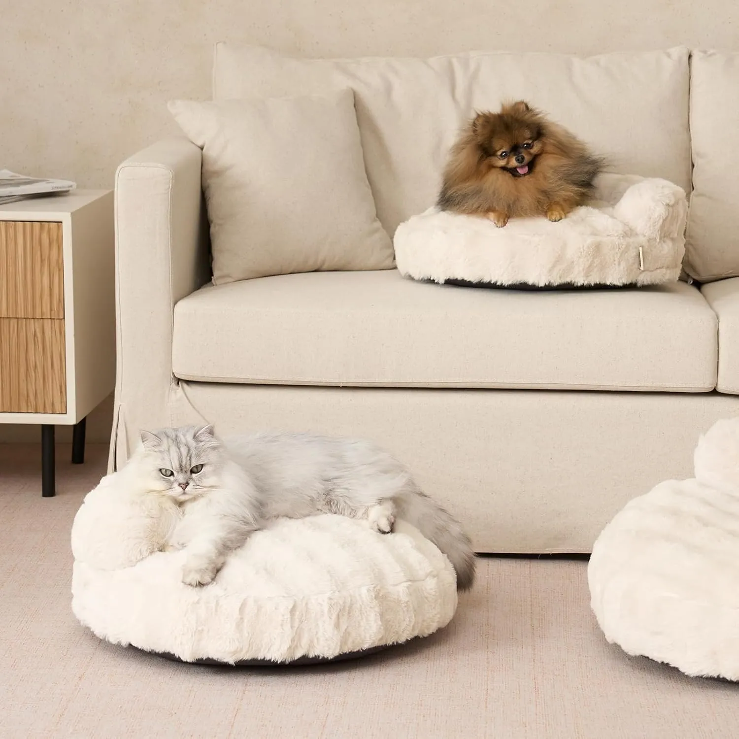 EHEYCIGA Medium Dog Bed and Large Cat Couch  Fluffy Faux Rabbit Fur Pet Sofa for Small and Medium Dogs, Washable Removable Cover, Waterproof and Non-Slip, 30 Inch, Cream