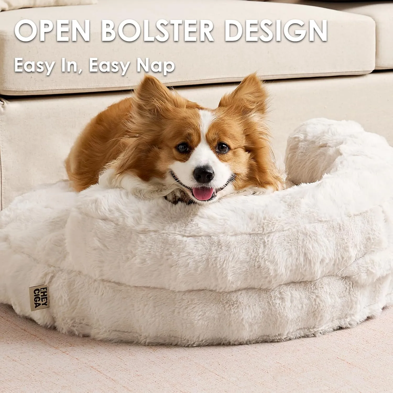EHEYCIGA Medium Dog Bed and Large Cat Couch  Fluffy Faux Rabbit Fur Pet Sofa for Small and Medium Dogs, Washable Removable Cover, Waterproof and Non-Slip, 30 Inch, Cream