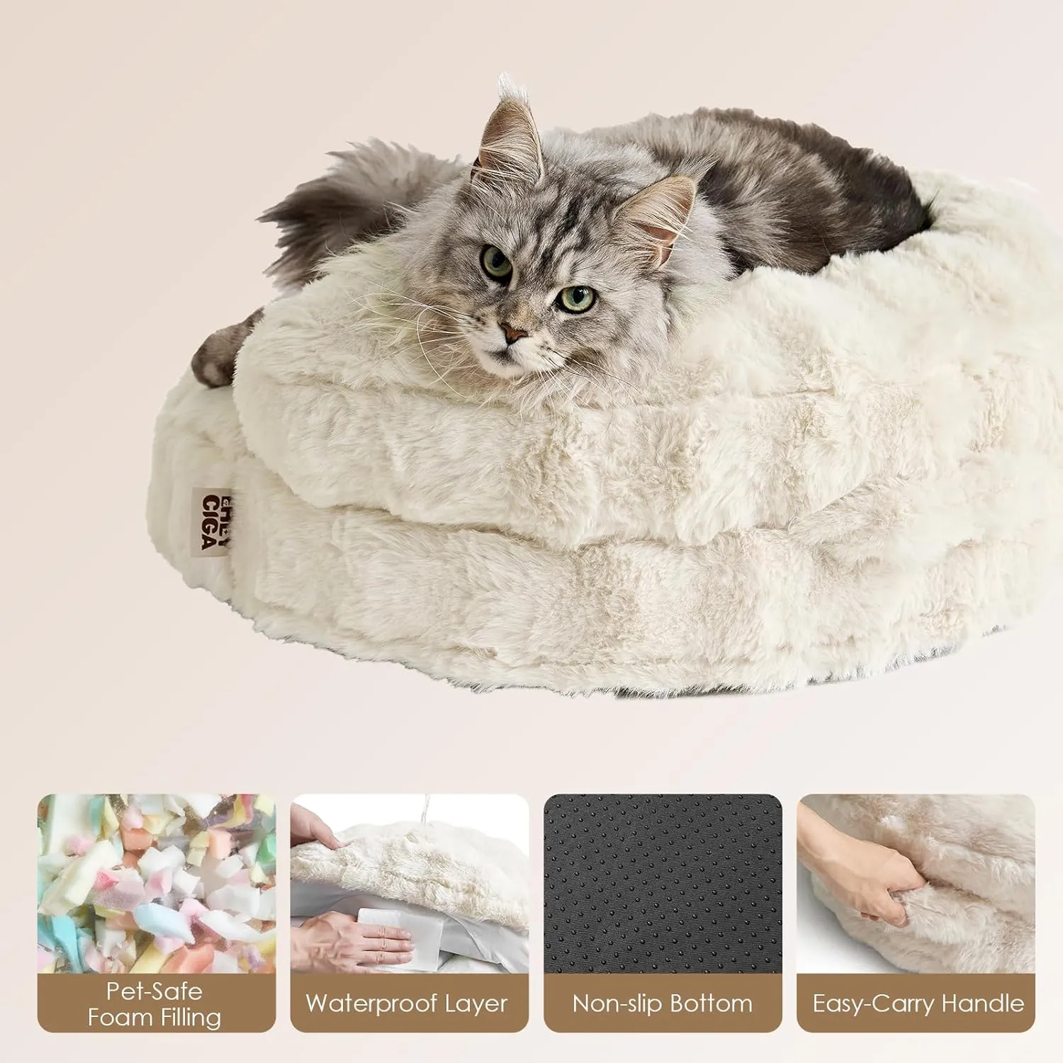 EHEYCIGA Medium Dog Bed and Large Cat Couch  Fluffy Faux Rabbit Fur Pet Sofa for Small and Medium Dogs, Washable Removable Cover, Waterproof and Non-Slip, 30 Inch, Cream