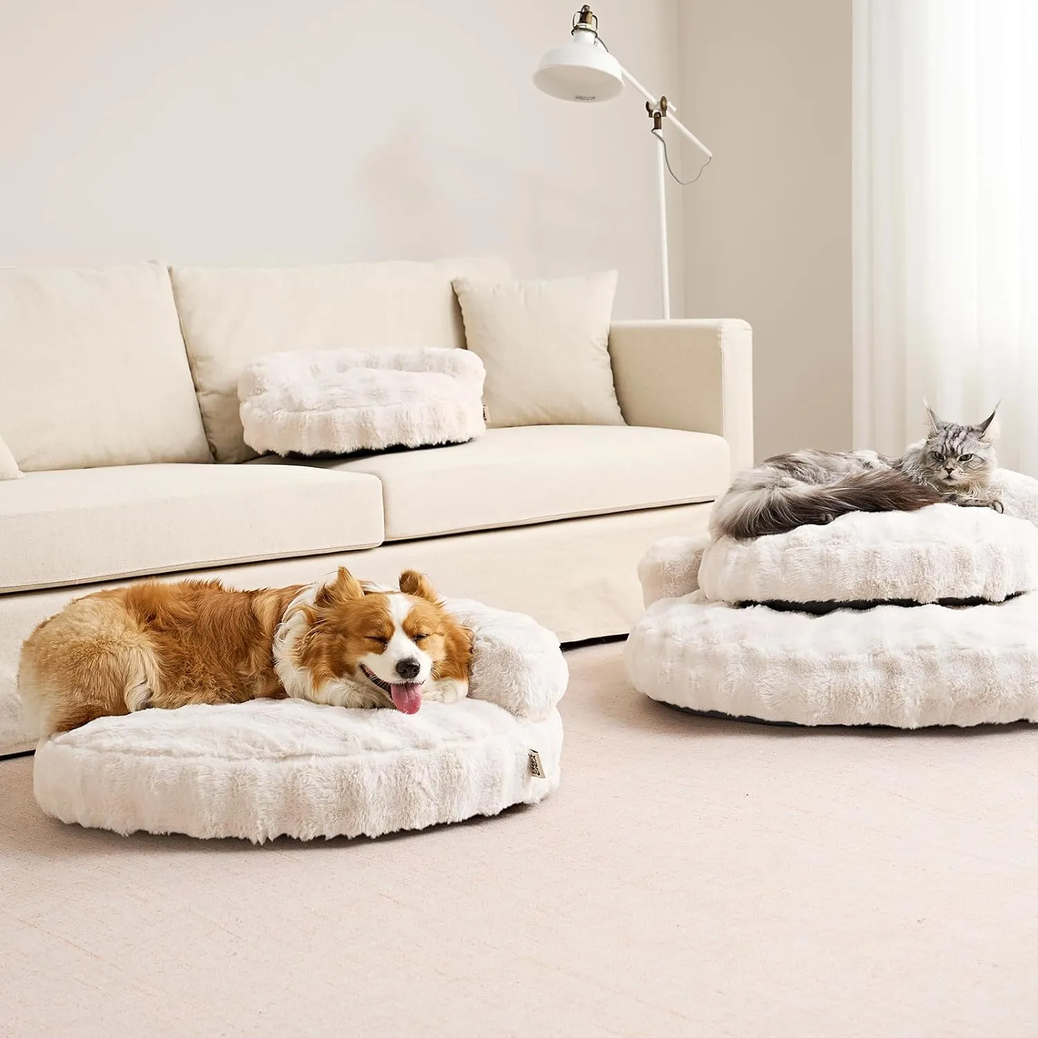EHEYCIGA Medium Dog Bed and Large Cat Couch  Fluffy Faux Rabbit Fur Pet Sofa for Small and Medium Dogs, Washable Removable Cover, Waterproof and Non-Slip, 30 Inch, Cream