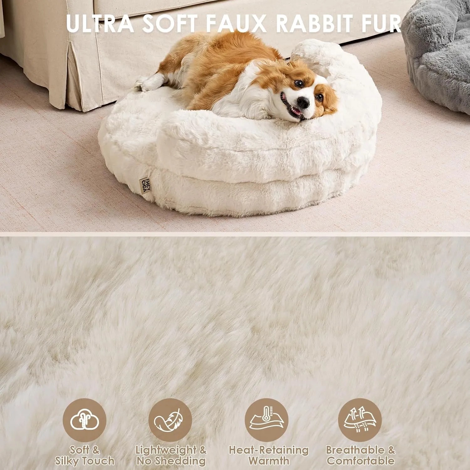 EHEYCIGA Medium Dog Bed and Large Cat Couch  Fluffy Faux Rabbit Fur Pet Sofa for Small and Medium Dogs, Washable Removable Cover, Waterproof and Non-Slip, 30 Inch, Cream