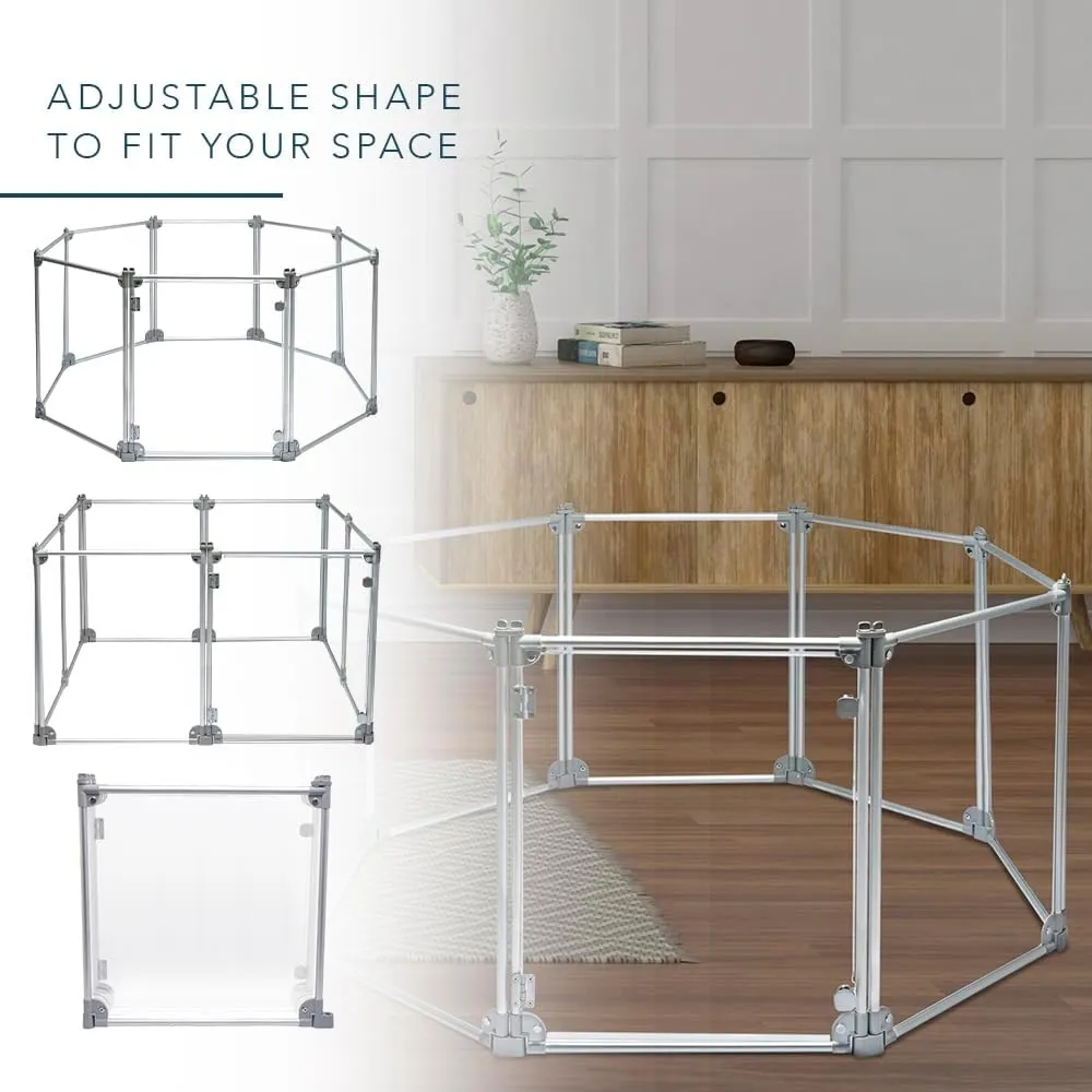Front Row Foldable Dog Playpen  Durable and Portable Puppy Playpen for Exercise, Rest & Play  Clear Fence Panels with Aluminum Rods and Crate for Dogs and Other Small Pets (Silver, 8-Panel)