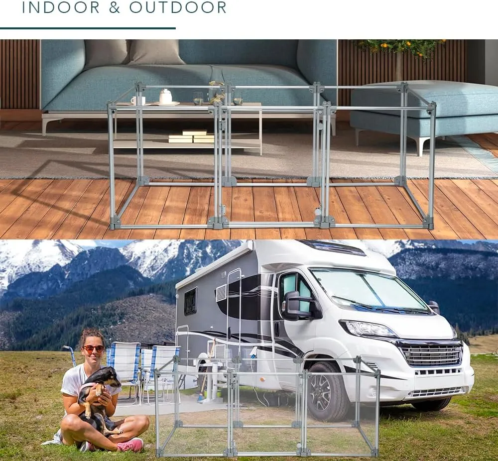 Front Row Foldable Dog Playpen  Durable and Portable Puppy Playpen for Exercise, Rest & Play  Clear Fence Panels with Aluminum Rods and Crate for Dogs and Other Small Pets (Silver, 8-Panel)