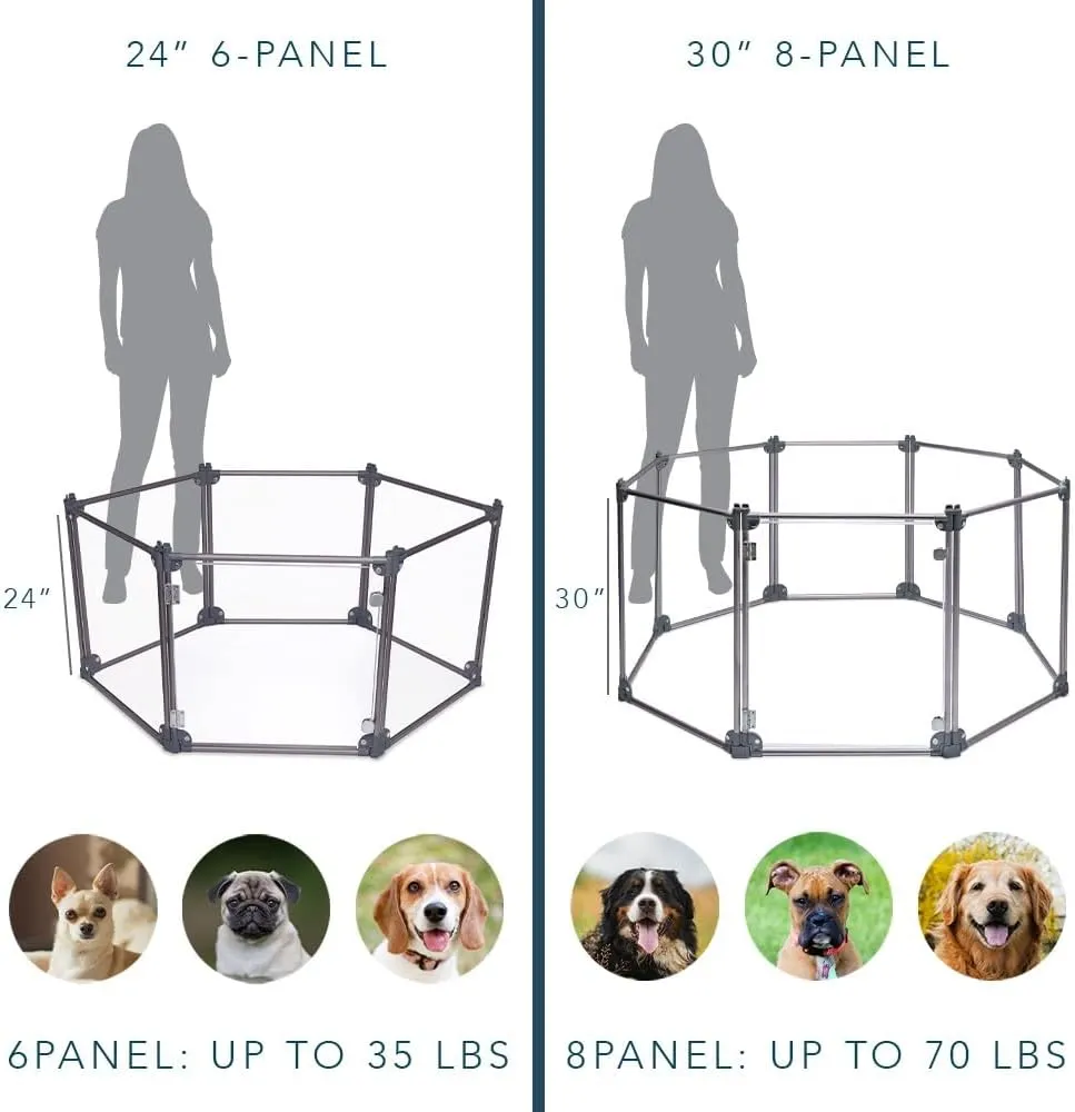 Front Row Foldable Dog Playpen  Durable and Portable Puppy Playpen for Exercise, Rest & Play  Clear Fence Panels with Aluminum Rods and Crate for Dogs and Other Small Pets (Silver, 8-Panel)