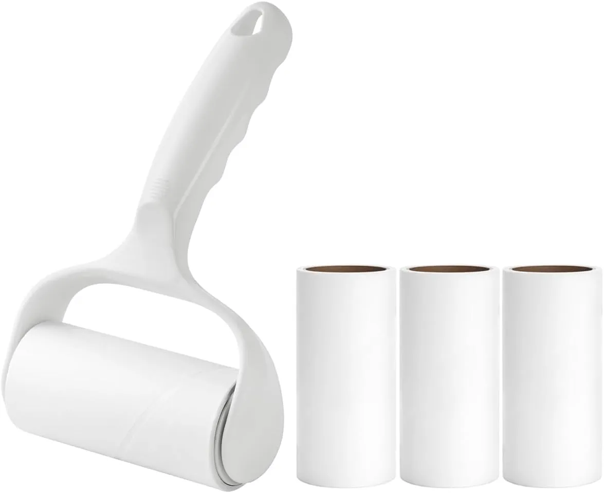 Horizontal Lint Rollers for Pet Hair Extra Sticky Lint Remover for Couch Clothes Furniture Pool Table Felt Lint Roller 1 Refillable Handle with 4 Sticky Rolls (Daisy White)