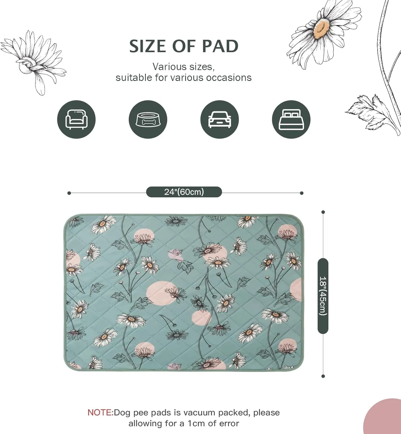 IEUUMLER Washable Pee Pads for Dogs, 2 Pack Non-Slip & Waterproof Pack Whelping Pad, Reusable Washable Puppy Potty Training Pad with Fast Absorbent for Playpen EU007 (Green Daisy, 24"X18"-2pcs)