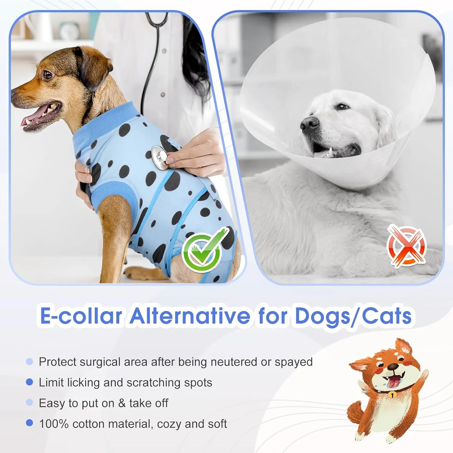 Kuoser Dog Surgery Recovery Suit, Anti Licking Pet Surgical Suit for Dogs Male Neuter, Female Dog Surgery Suit for Spay Subsititute E-Collar Cone, Dogs Body Suits After Surgery Blue Polka Dot S
