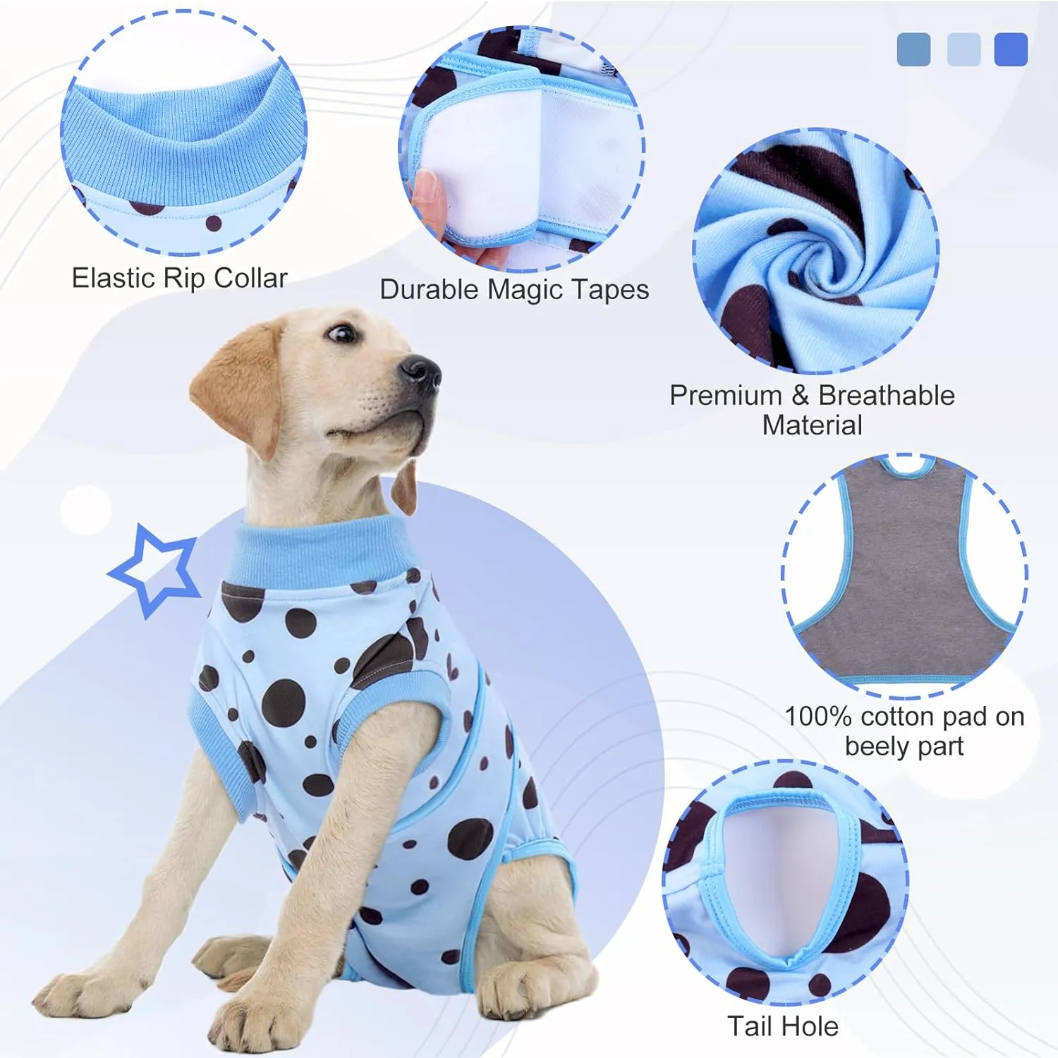 Kuoser Dog Surgery Recovery Suit, Anti Licking Pet Surgical Suit for Dogs Male Neuter, Female Dog Surgery Suit for Spay Subsititute E-Collar Cone, Dogs Body Suits After Surgery Blue Polka Dot S