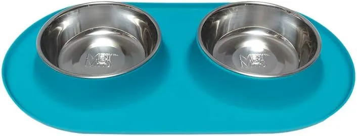 Messy Mutts Double Silicone Feeder with Stainless Bowls | Non-Skid Food Dishes for Dogs for All Pets | Dog Food Bowls | Large, 3 Cups Per Bowl | Blue