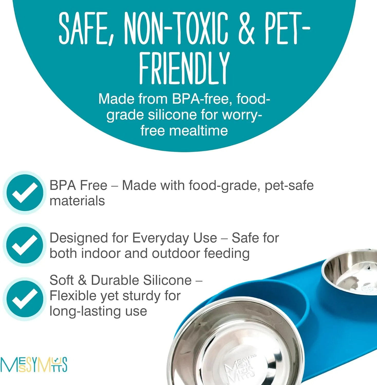 Messy Mutts Double Silicone Feeder with Stainless Bowls | Non-Skid Food Dishes for Dogs for All Pets | Dog Food Bowls | Large, 3 Cups Per Bowl | Blue