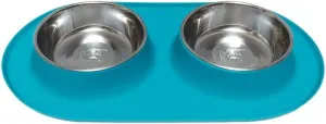 Messy Mutts Double Silicone Feeder with Stainless Bowls | Non-Skid Food Dishes for Dogs for All Pets | Dog Food Bowls | Large, 3 Cups Per Bowl | Blue