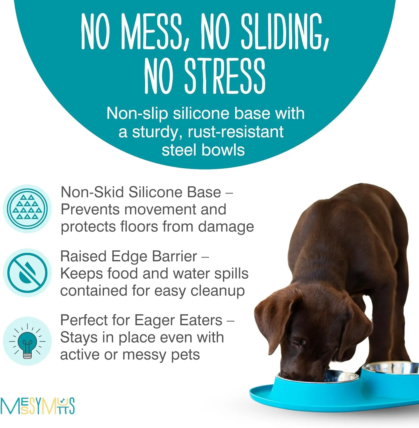 Messy Mutts Double Silicone Feeder with Stainless Bowls | Non-Skid Food Dishes for Dogs for All Pets | Dog Food Bowls | Large, 3 Cups Per Bowl | Blue