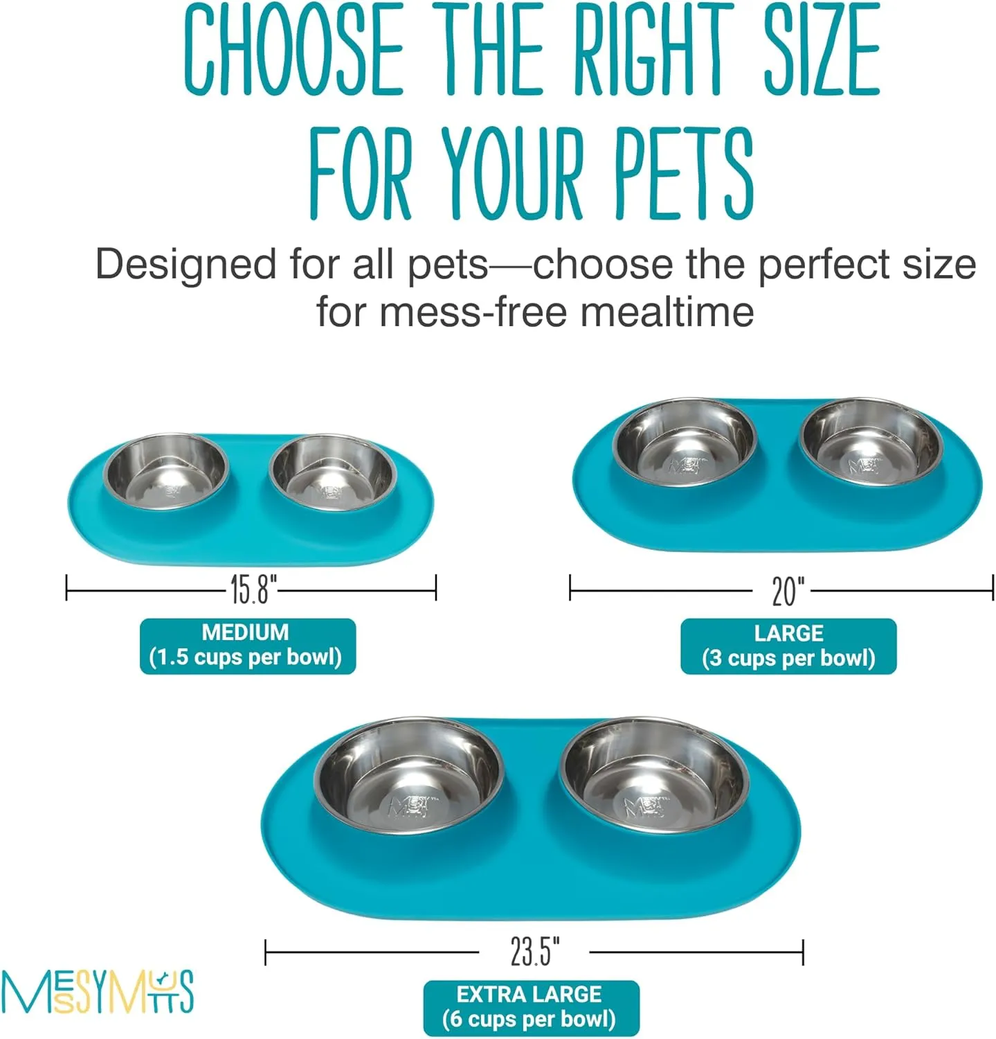 Messy Mutts Double Silicone Feeder with Stainless Bowls | Non-Skid Food Dishes for Dogs for All Pets | Dog Food Bowls | Large, 3 Cups Per Bowl | Blue