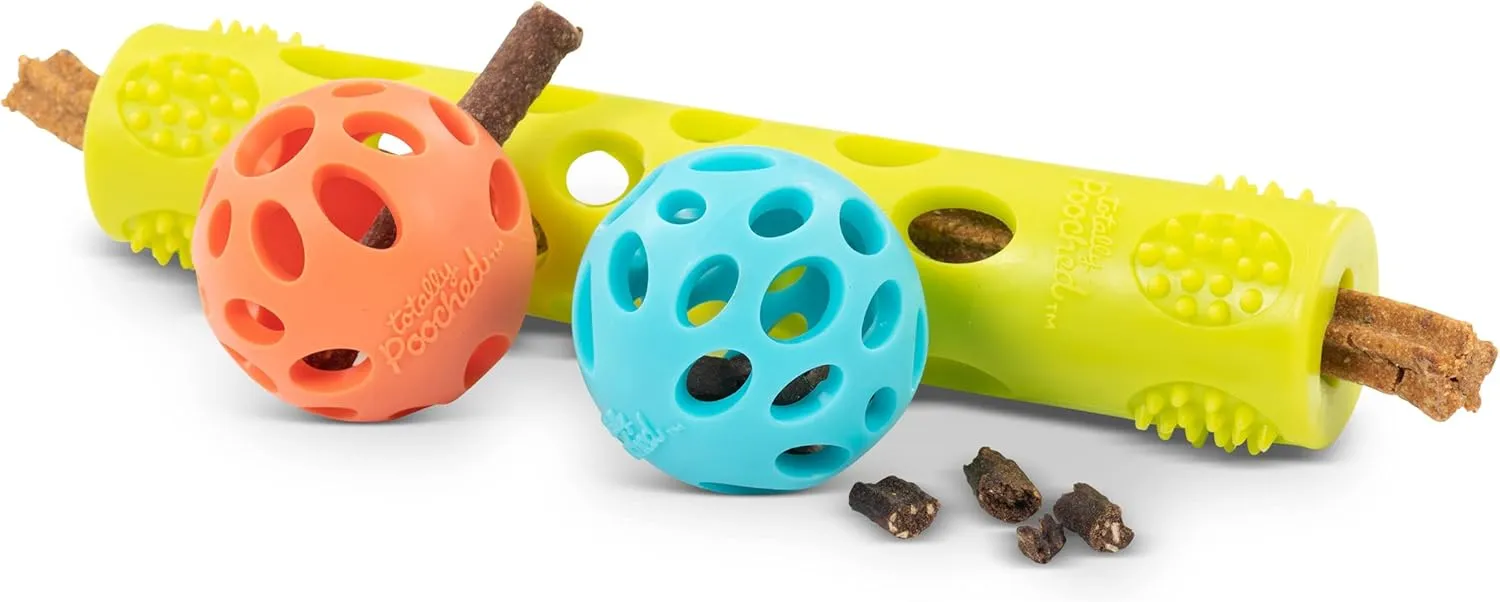 Messy Mutts Totally Pooched Huff'n Puff Toys | TPR Puzzle Toys for Dogs | 2-in-1 Durable Interactive Toy and Tooth Cleaner (Assorted, 3-Piece)