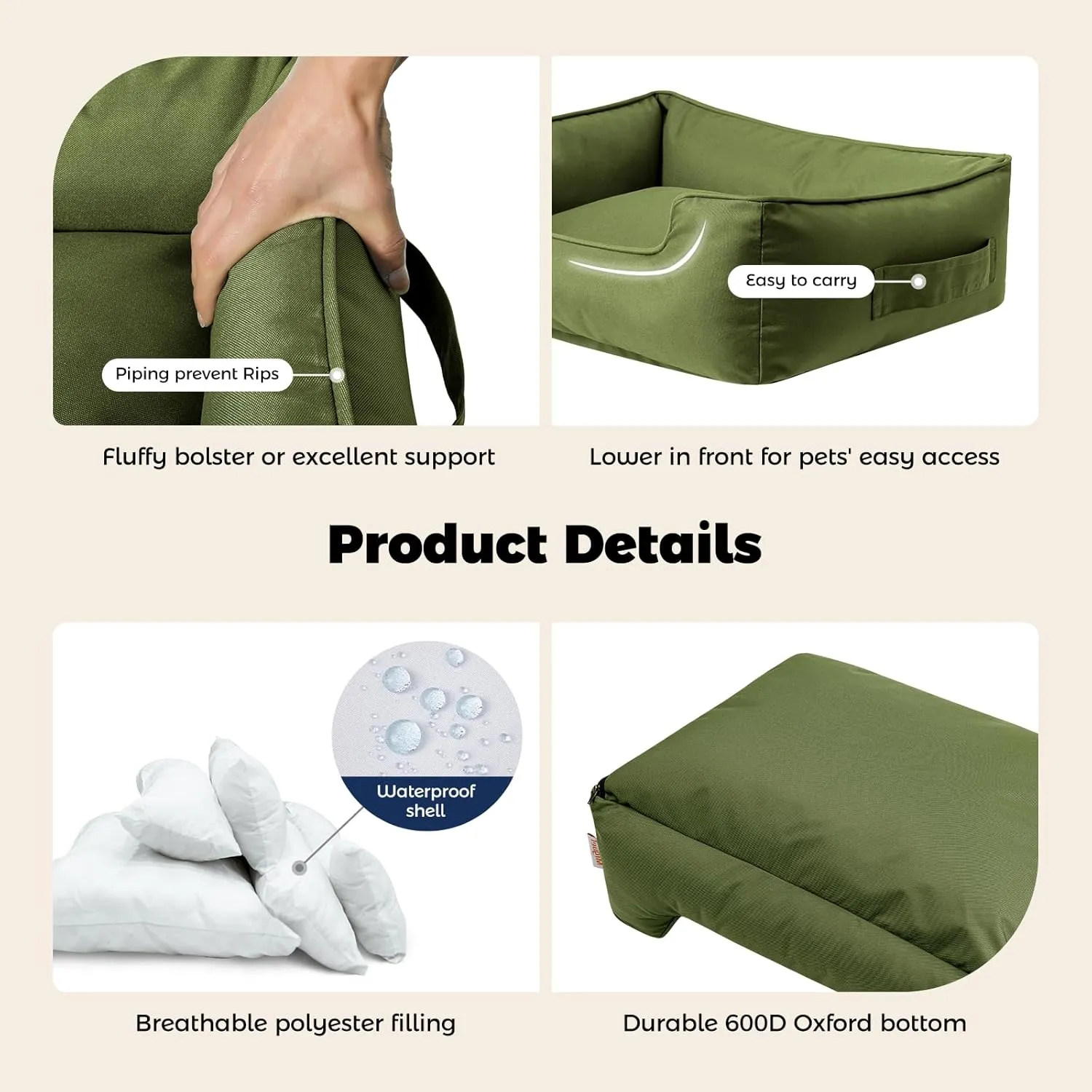 Miguel Waterproof Outdoor Dog Bed for Medium Small Dogs, Oxford Pet Bed Tough with Sides Easy Clean, All Weather Rectangle Puppy Bed with Removable Cover Bolster Bed Scratch Resistant 30 inches