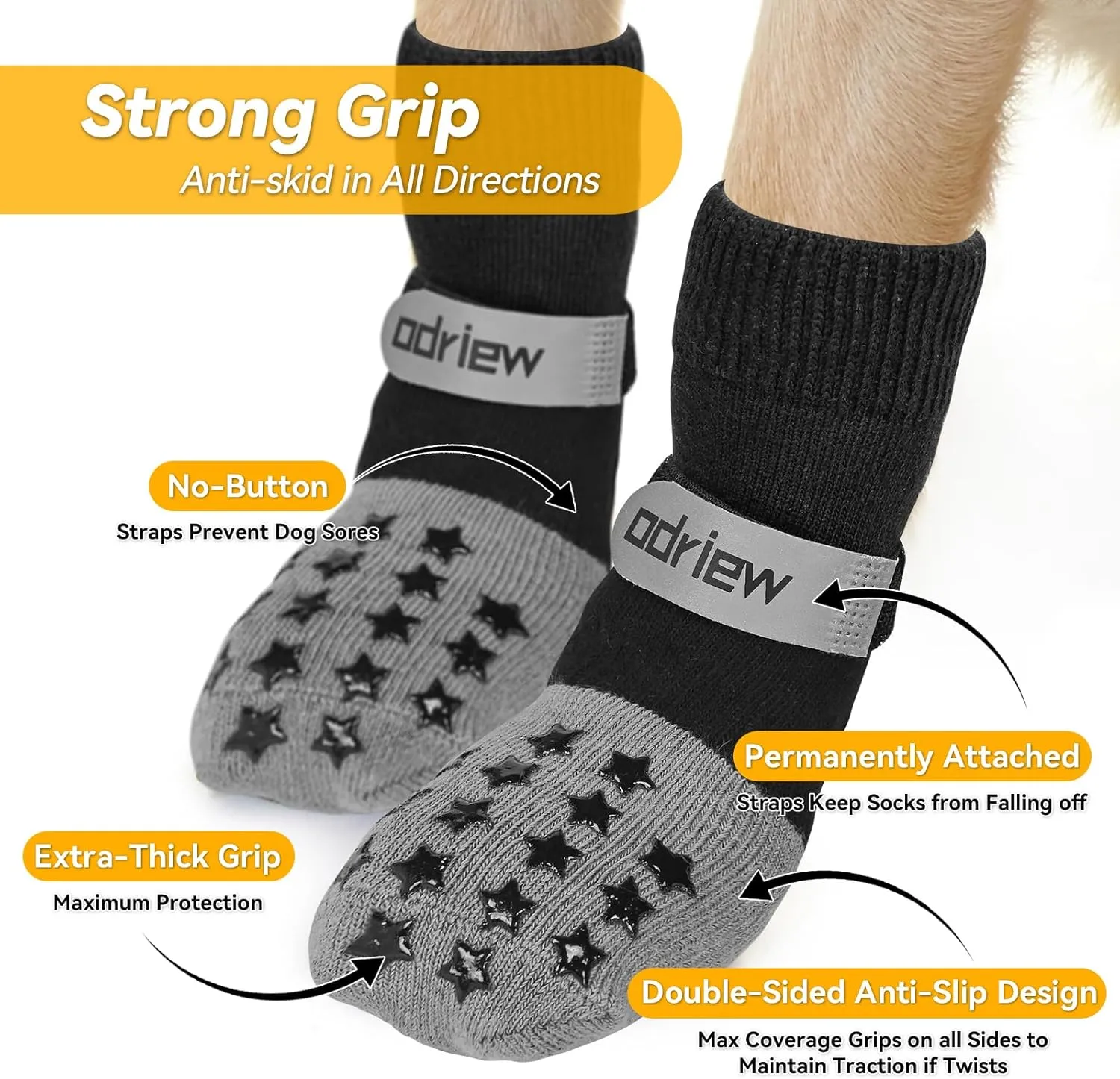 Non Slip Dog Socks to Prevent Licking Paws, Double Sided Grips, Dog Socks for Hardwood Floors Anti Slip, 6Pcs with Elastic Reflective Straps for Small, Medium, Large, Senior Dogs. (Grey, M)