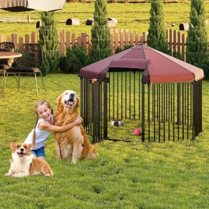 Octagon Outdoor Dog Kennel with Roof, Large Dog Kennel Outside with Metal Gate, Outdoor Dog Playpen with Secure Lock for Backyard (4.9x4.9x3.6FT)