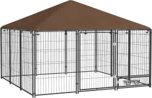 PawHut Outside Dog Kennel, 6.9' x 6.9' x 5' Puppy Play Pen with Canopy, Garden Playpen Fence Crate Enclosure Cage Rotating Bowl, Black