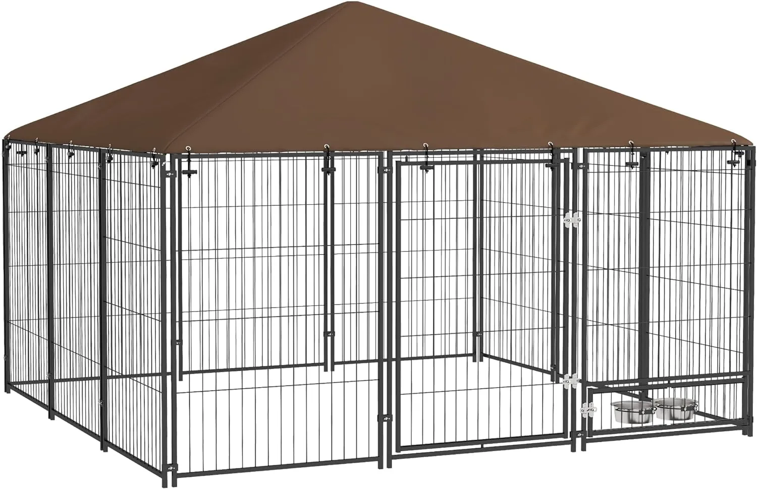 PawHut Outside Dog Kennel, 6.9' x 6.9' x 5' Puppy Play Pen with Canopy, Garden Playpen Fence Crate Enclosure Cage Rotating Bowl, Black