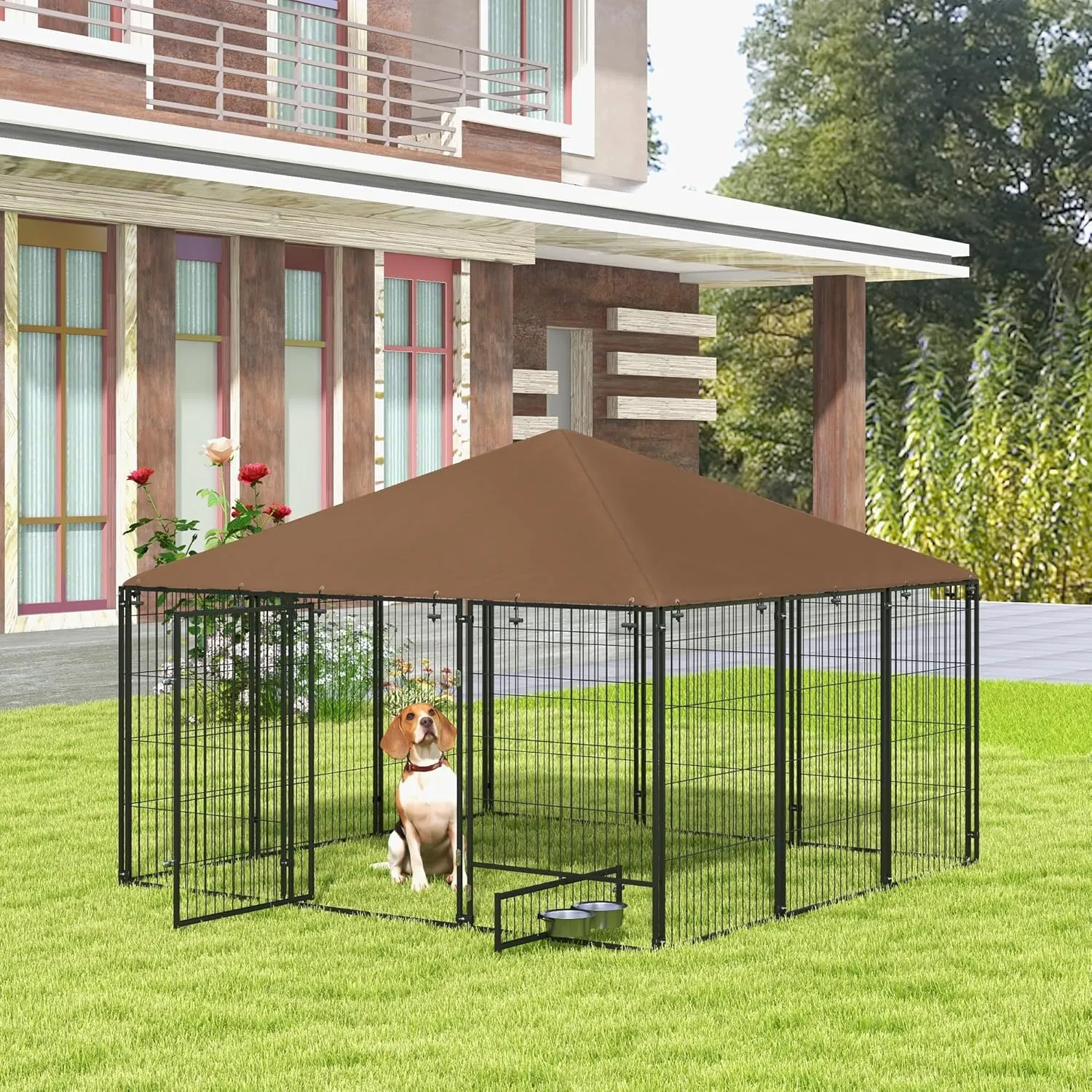 PawHut Outside Dog Kennel, 6.9' x 6.9' x 5' Puppy Play Pen with Canopy, Garden Playpen Fence Crate Enclosure Cage Rotating Bowl, Black