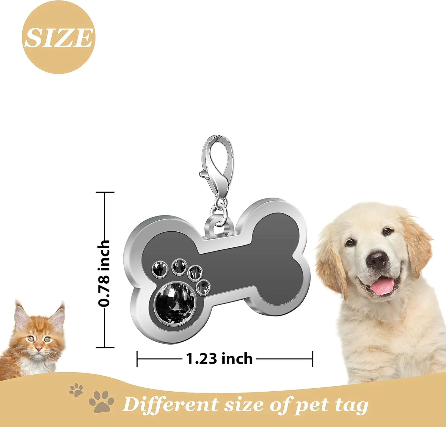 Personalized Engraved Stainless Steel Pet ID Silent Tag,Bone and Paw Shape Dog Tags & Cat Tags with Crystals (Grey, Bone Shape)