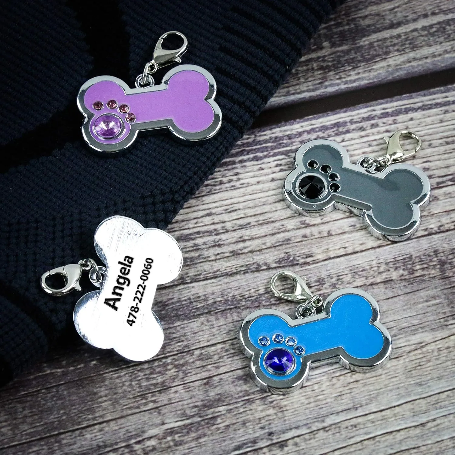 Personalized Engraved Stainless Steel Pet ID Silent Tag,Bone and Paw Shape Dog Tags & Cat Tags with Crystals (Grey, Bone Shape)